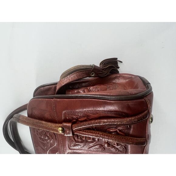 Vtg Aztec Hand Tooled Brown Leather Satchel Purse Mexico Mayan Boho Bag Roses - Picture 10 of 16